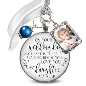 Bridal Bouquet Charm | On Your Wedding Day to Daughter Memorial for Mom or Dad | Something Blue Pearl & Photo Frame Keepsake Gift for Bride