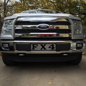 May include: A silver Ford F-150 pickup truck with a chrome grille and a black "FX4" number plate.