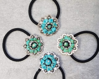 Crystal Concho Hair Tie Elastic Hand Engraved Rubber Band Turquoise Stone Aquamarine Horse Lover Gift Western Initial Monogrammed Swarovskis