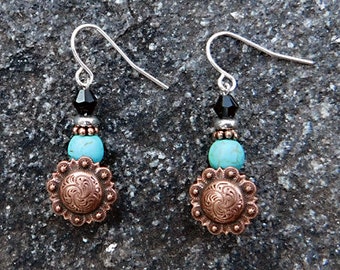 Concho Earrings Sterling Silver Swarovskis Crystals Copper and Silver Unique Equestrian Jewelry Equine Horse Lover Gift Barn Western Pearls