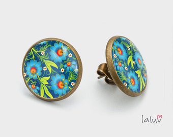 Stick earrings BLUE FLOWERS