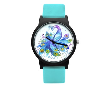 Watch with silicone strap with graphic PEACOCK vegan strap, for vegan, unique, gift