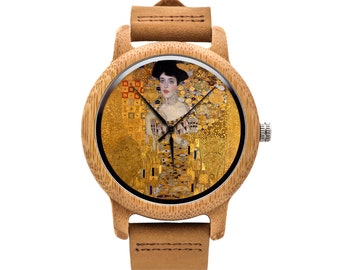 Wooden watch with graphic WOMAN IN GOLD Gustav Klimt, Gift for him, Gift for her, Unique watches, ethnic jewelry, unisex watch