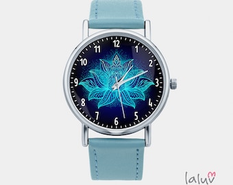 Watch FLOWER OF LOTUS, wristwatch, gift for her, watch on a leather belt, Gift for women, ethnic jewelry, watch with my own graphics