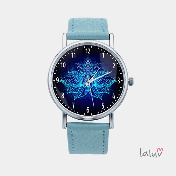 Ver FLOR DE LOTO, reloj de pulsera, regalo para ella, reloj en un cinturón de cuero, regalo para las mujeres, joyería étnica, ver con mis propios gráficos