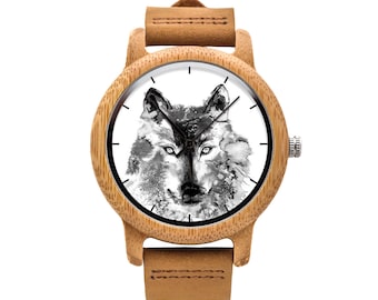 Wooden watch with graphic WOLF Wristwatch, Customized, Anniversary Gift, Gift for her, Gift for him, Gift Ideas, Birthday Gift