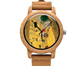 Wooden watch with graphic KISS Gustav Klimt, Gift for him, Gift for her, Unique watches, ethnic jewelry, unisex watch