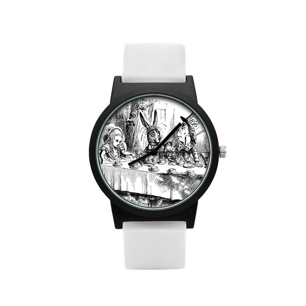 Montre avec sangle en silicone avec bracelet végétalien ALICE IN WONDERLAND graphique, pour végétalien, unique, cadeau