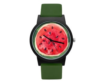 Horloge met siliconen band met grafische WATERMELON vegan band, voor veganistisch, uniek, cadeau