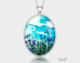 Medallion oval PAINTED CORNFLOWERS, oval pendant necklace