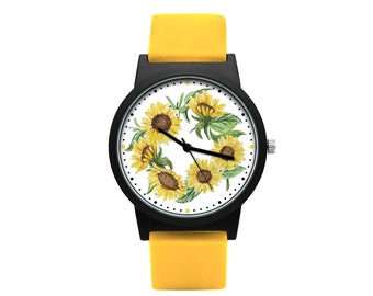 Watch with silicone strap with graphic SUNFLOWERS vegan strap, for vegan, unique, gift