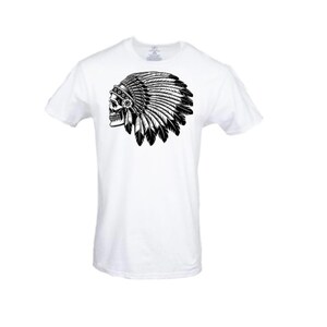 May include: White t-shirt featuring a black and white graphic of a skull wearing a Native American headdress. The design includes detailed feathers and decorative elements, creating a striking contrast against the white fabric. The shirt has short sleeves.