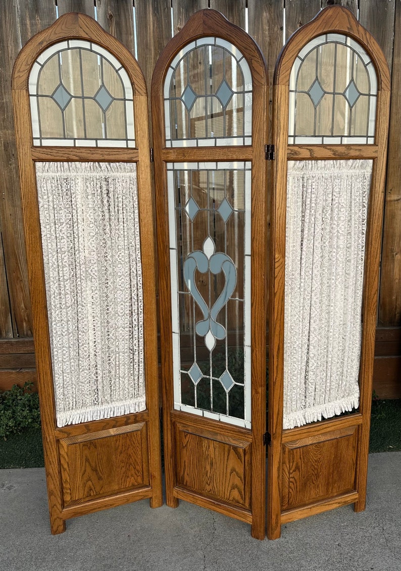 Vintage 3 Panel Stained Glass Room Divider Privacy Screen Etsy