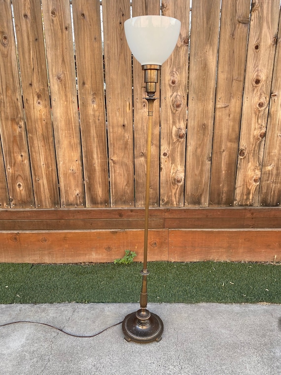 Vintage brass floor lamp with glass shade deals