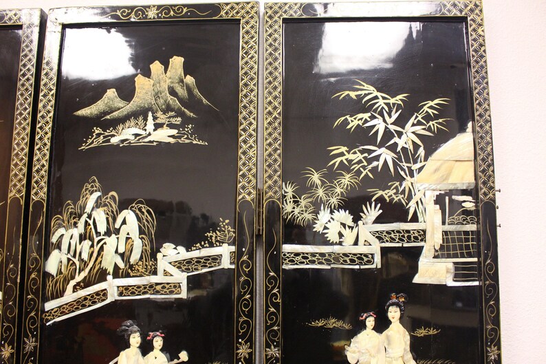 Chinese/asian Screen/room Divider 4 Panels Black Laquer Etsy