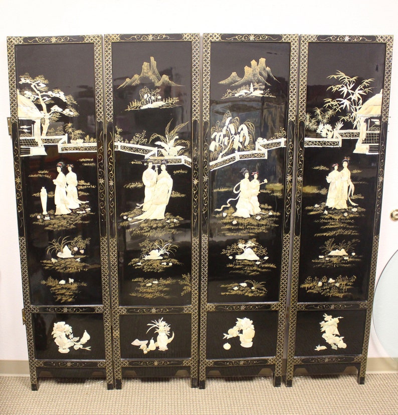 Chinese/asian Screen/room Divider 4 Panels Black Laquer Etsy