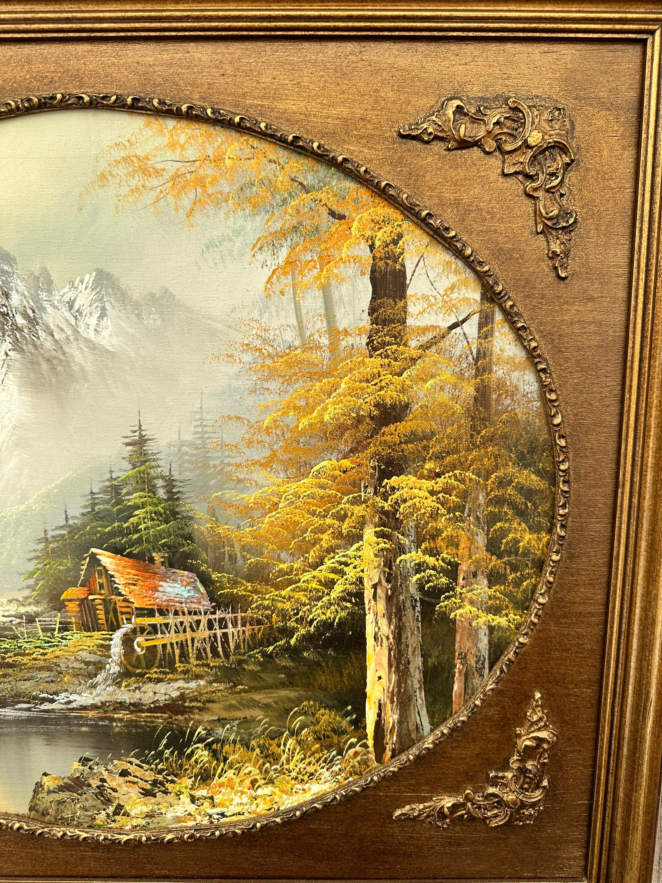 Vintage Oil Painting of Cabin in Woods Water Lake Tree Mountains Snow ...