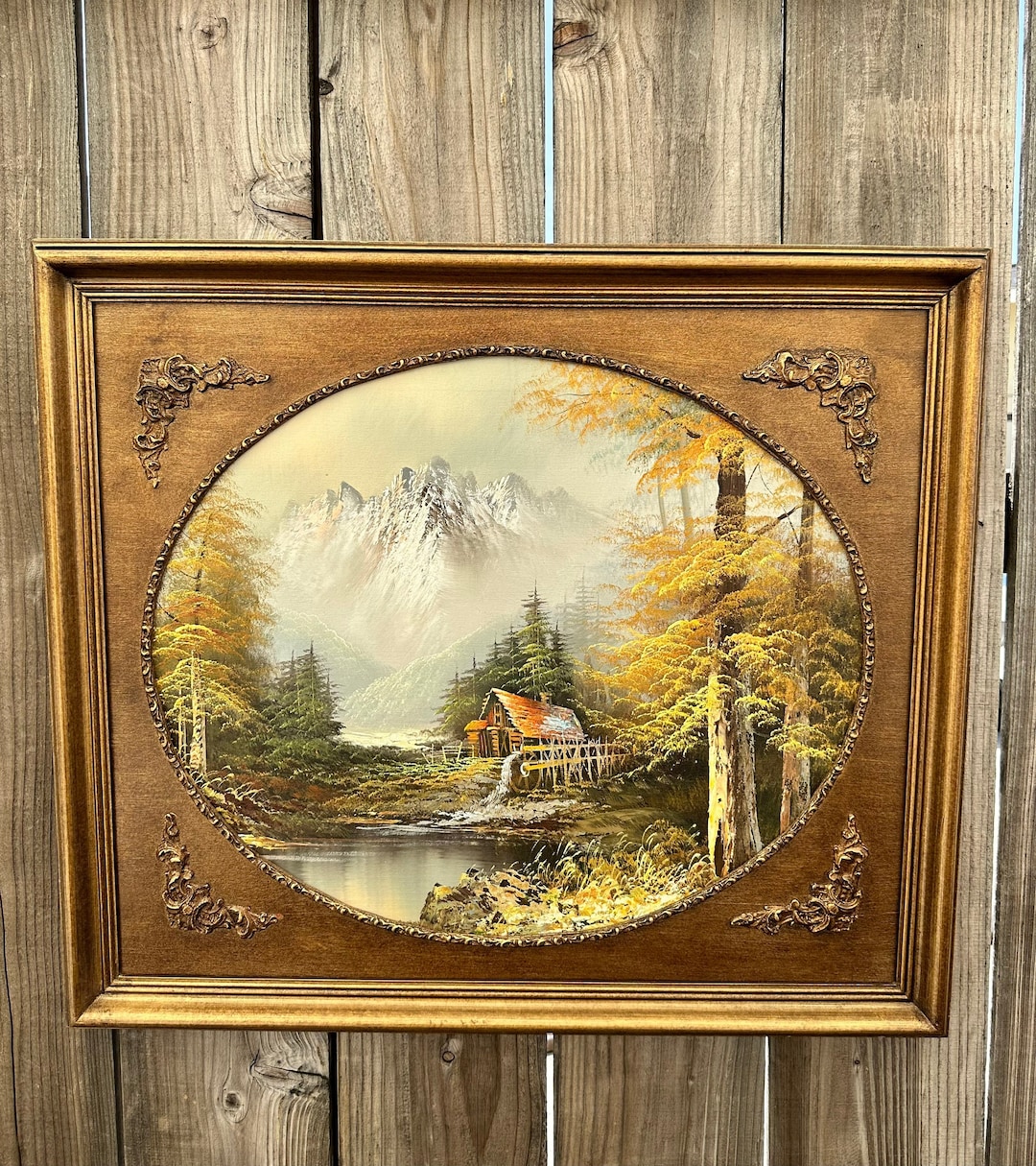 Vintage Oil Painting of Cabin in Woods Water Lake Tree Mountains Snow ...