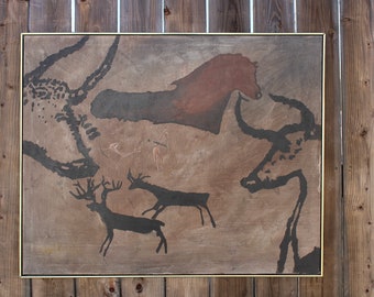 Large Mid Century Abstract Original Painting by Lew Russell Animals Deer Bull Horse