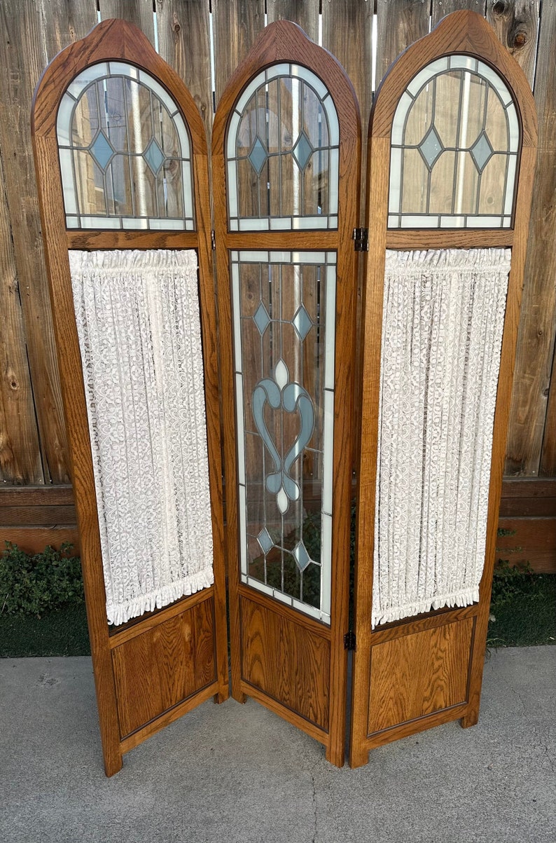 Vintage 3 Panel Stained Glass Room Divider Privacy Screen Etsy