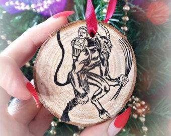 Krampus Christmas tree ornament, natural wood slice, pagan creepmas decor, gothic holidays stocking filler