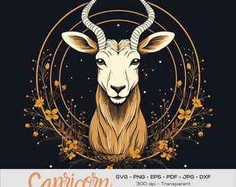 Capricorn svg, Gold Zodiac Sign, Floral Mountain Goat Art, Orange Flower Circle clipart, Animal Autumn Logo, Astrology png image bundle