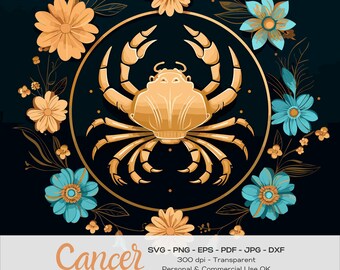 Cancer svg, Floral Crab clipart, Gold Zodiac Sign, Turquoise Flower Nature Art, Celestial Sea Creature Logo, Astrology png image bundle