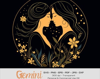 Gemini svg, Floral Twins clipart, Gold Zodiac Sign, Orange Flower Nature Art, Celestial Women Logo, Astrology png image bundle