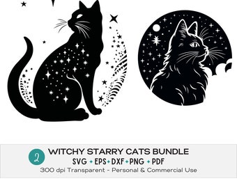 Black Cat svg bundle, Celestial Moon png, Spooky Season clipart set, Printable Halloween Cat, Magical Witchy Creatures eps
