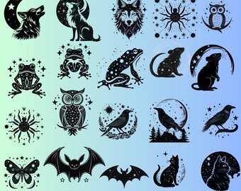 Mystical svg bundle, Celestial svg bundle, Witchcraft Animals svg, Halloween clipart set, Black Cat svg, Magical Witchy Night Creatures eps