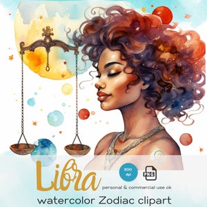 Waage Frau Aquarell png, schwarzes Mädchen Sternzeichen, Afro Göttin Magie, rote Haar Dame mit Schuppen, erhabene himmlische Königin