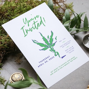 Cannabis bruiloft uitnodiging, onkruidfeest, 420 feestdag, bewerkbare kaart, dansende potblad, brandende gezamenlijke illustratie, verhoog je humeur