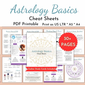 Hojas de trucos de astrología, conceptos básicos de astrología, páginas imprimibles, carta natal, carta natal, zodíaco, fases lunares, 101 para principiantes o avanzados