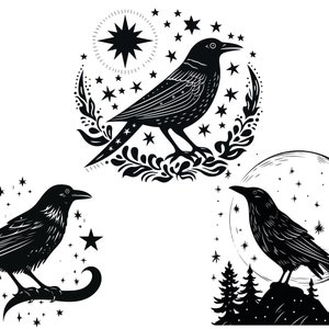 Starry Night Raven svg bundle, Celestial Moon png, Spooky Season clipart set, Printable Halloween Crow, Magical Witchy Creatures eps image 2