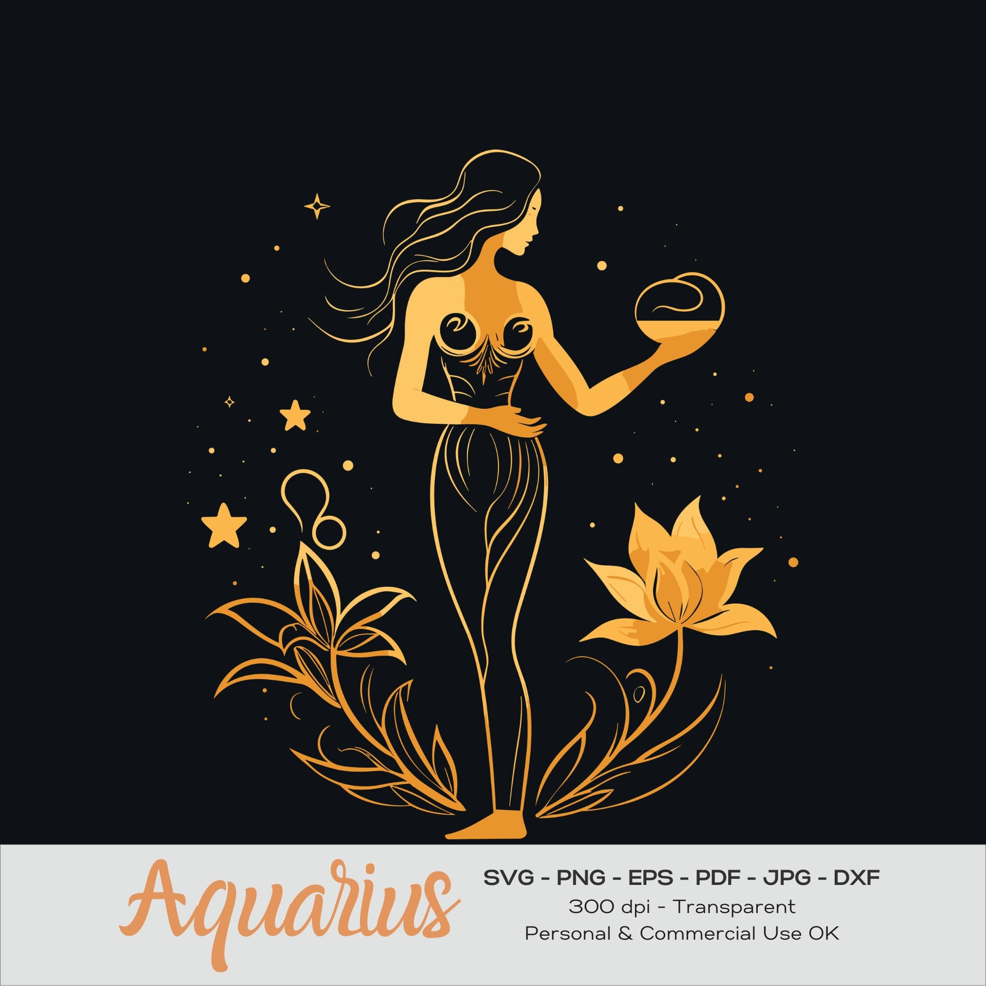 Aquarius Svg, Floral Woman Water Jug Clipart, Gold Zodiac Sign