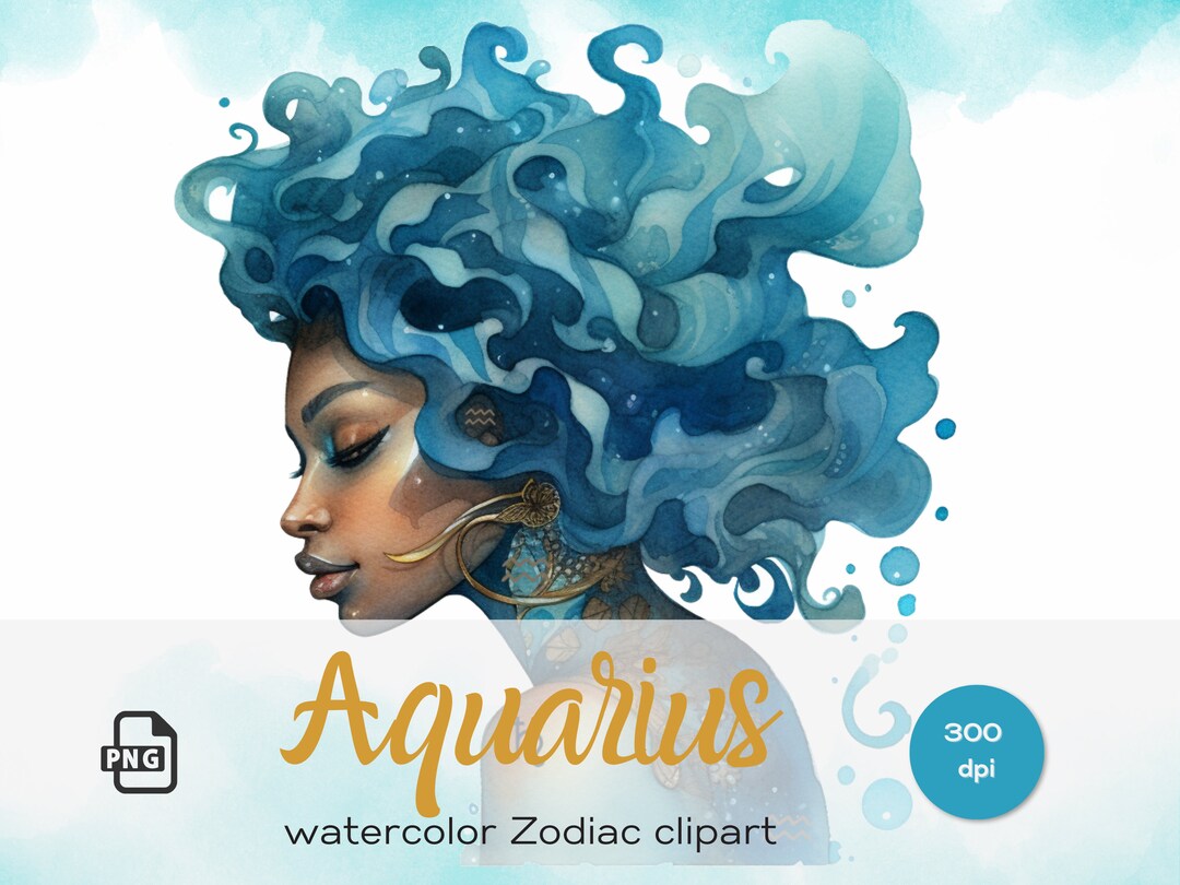 Aquarius Woman Watercolor PNG, Black Girl Zodiac, Blue Hair Lady, Afro ...