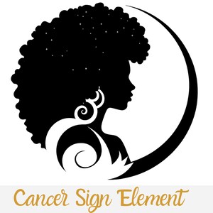 Può includere: Silhouette in bianco e nero di un viso di donna con una luna crescente dietro di lei. La donna ha i capelli ricci e un disegno floreale intorno al collo. Il testo "Cancer Sign Element" è sotto l'immagine.