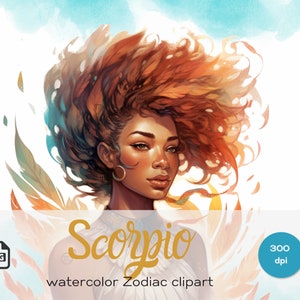 Skorpion Frau Aquarell png, schwarzes Mädchen Sternzeichen, Göttin Magie Clipart, Afro Königin Astrologie, Blazing Red Feather Hair, Phoenix Rising Art