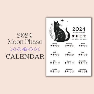 Könnte beinhalten: Ein schwarz-weißer druckbarer Mondphasenkalender für 2024 mit einer schwarzen Katzensilhouette und Sternen. Der Kalender zeigt die Phasen von Neumond, erstem Viertel, Vollmond und letztem Viertel für jeden Monat.