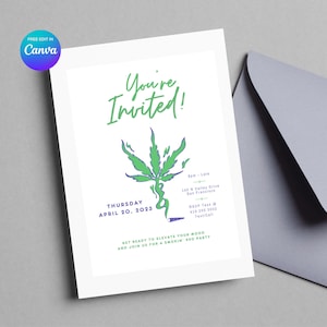 Cannabis uitnodiging, onkruidfeest, 420 feestdag, bewerkbare kaart, cannabis diner uitnodiging, gezamenlijke illustratie, verhoog je humeur