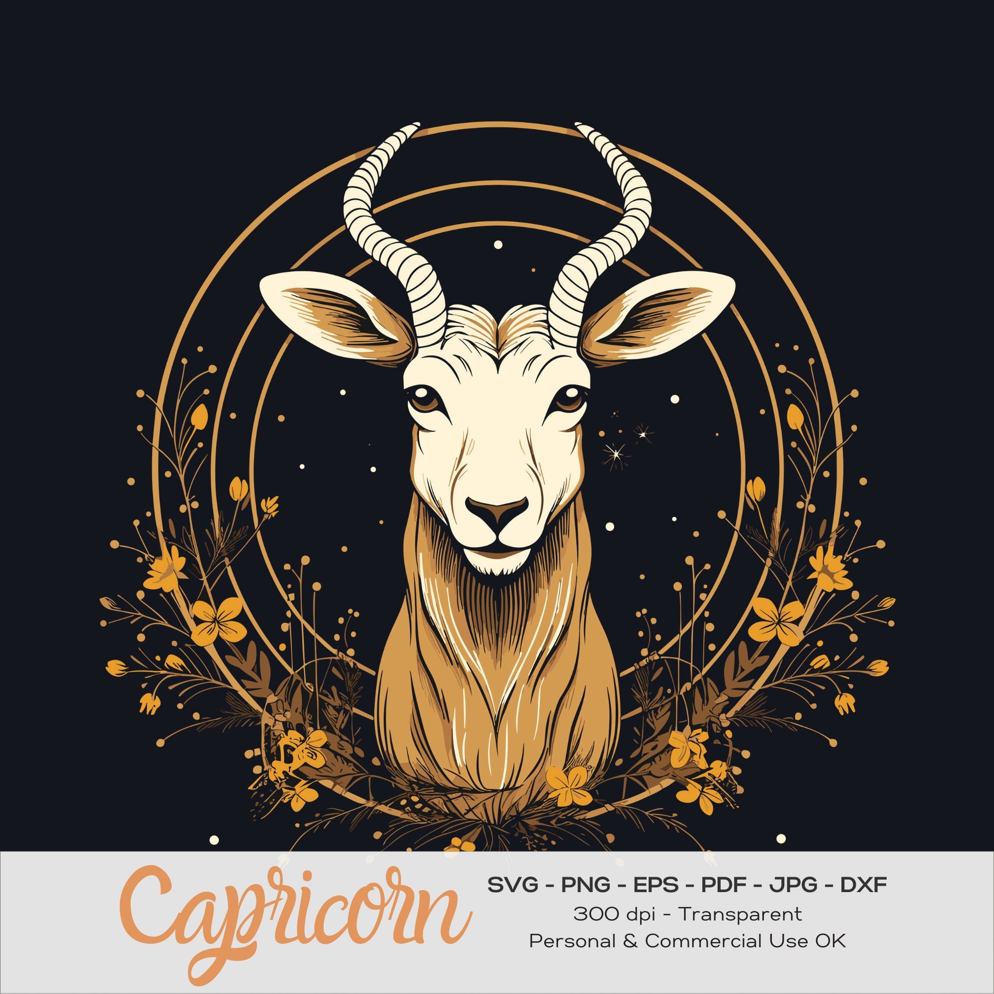 Capricorn Svg, Gold Zodiac Sign, Floral Mountain Goat Art, Orange