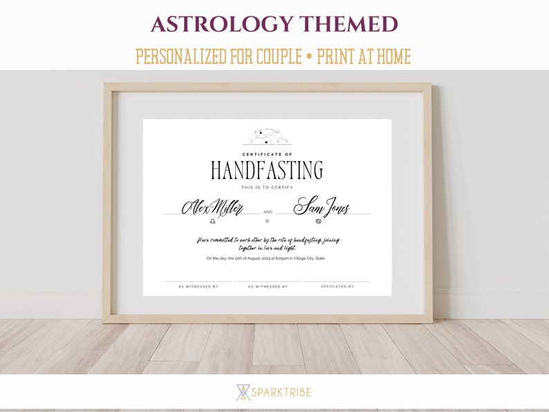 Handfasting Certificate, Zodiac Sign Gift, Gender Neutral, Marriage ...