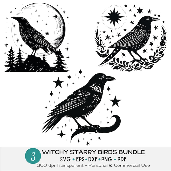 Starry Night Raven svg bundle, Celestial Moon png, Spooky Season clipart set, Printable Halloween Crow, Magical Witchy Creatures eps