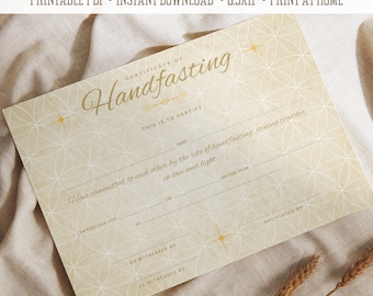 May include: Printable Handfasting Certificate template in PDF format. The certificate has a gold and white geometric pattern background with the text "Handfasting Certificate" at the top and "Certificate of Handfasting" in a decorative font.