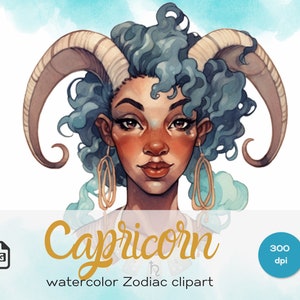 Aquarela de mulher de Capricórnio png, zodíaco de menina negra, magia de deusa afro, senhora de cabra com chifres, rainha celestial sublimada, duende de cabelo turquesa