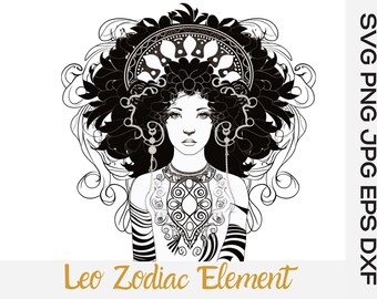 Leo Zodiac ClipArt SVG, Afro Queen Natural Hair jpg, Lioness eps Vector File, Wild woman png, Crown Curly Girl DXF, Golden eye Goddess svg