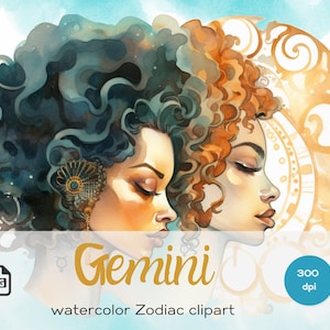 May include: Watercolor illustration of two women, representing Gemini. One has dark blue curly hair and a gold earring, the other has orange curly hair. The text "Gemini" is in gold script, with "watercolor Zodiac clipart" below.