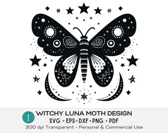 Starry Night Luna Moth svg bundle, Celestial Stars png, Spooky Season clipart set, Printable Halloween Moth, Magical Witchy Creatures eps