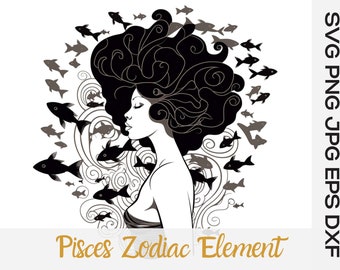 Pisces Queen Afro png clipart SVG, Celestial woman eps Vector file, School of Fish sea png, Illustrated Melanin Curly Girl DXF