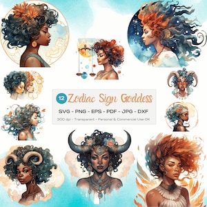 Sternzeichen SVG, Sternzeichen Aquarell PNG Bundle, schwarze Mädchen Magie, Afro Queen Portrait, personalisierte Sternzeichen, starke Frauen, Latina Vibes